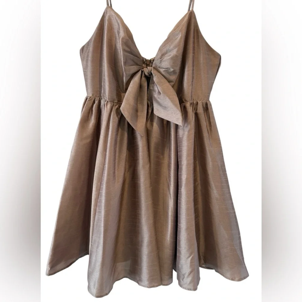 Aakaa Champagne Babydoll Dress with Bow Accent - Picture 2 of 8